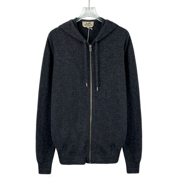 Hermes Deep Grey 100% Cashmere Hooded Zipper Cardigan W/ Lambskin Detail Size S - Picture 1 of 8